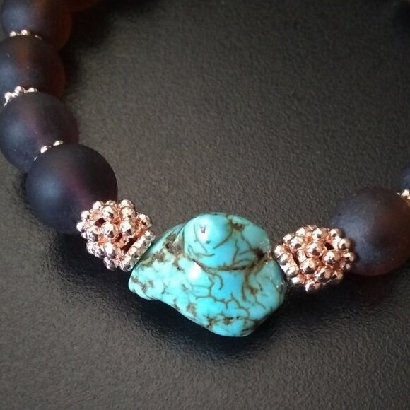 🎁🎁🎁 GIFT WORTHY ~ Beaded Bracelet + Earring Set! Turquoise + Brown + Rosegold - Picture 6 of 8